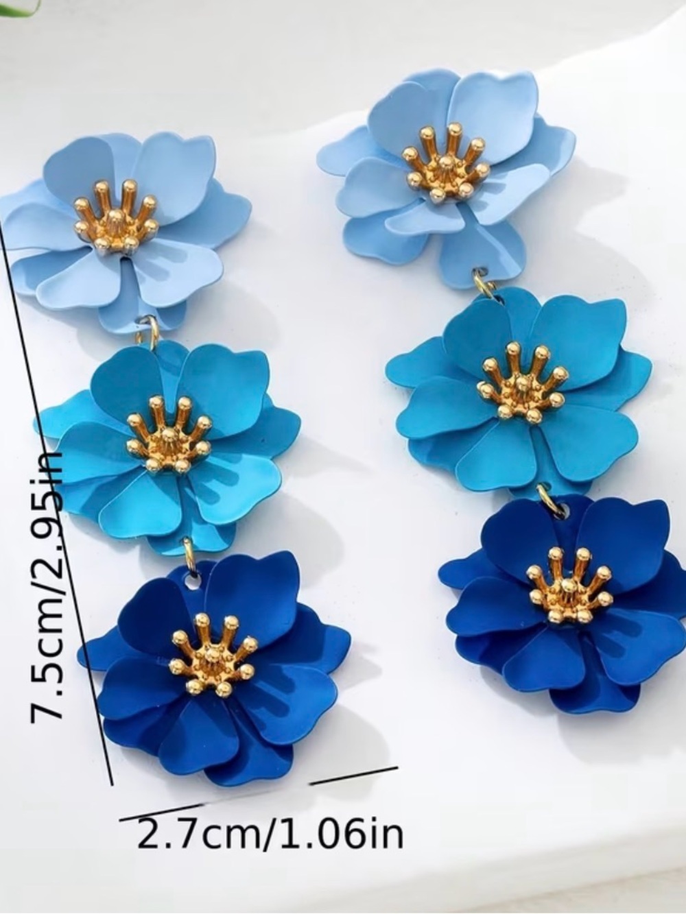 Blue Ombre 3D Floral Triple-Drop Earrings - Picture 3 of 3